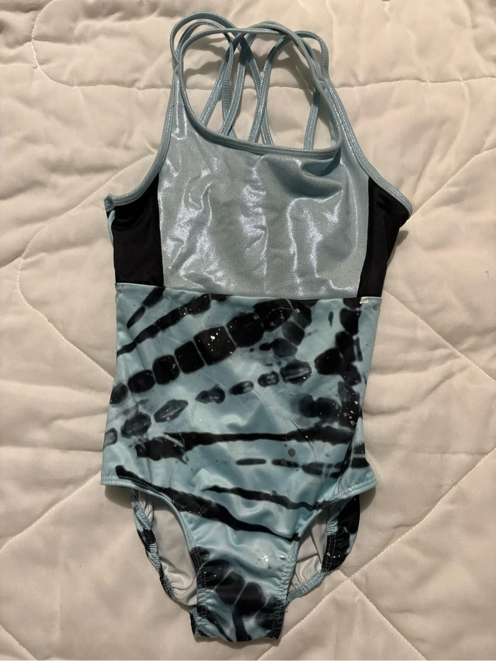 Justice Shimmery Light Blue & Black Tie-Dye Dance Leotard